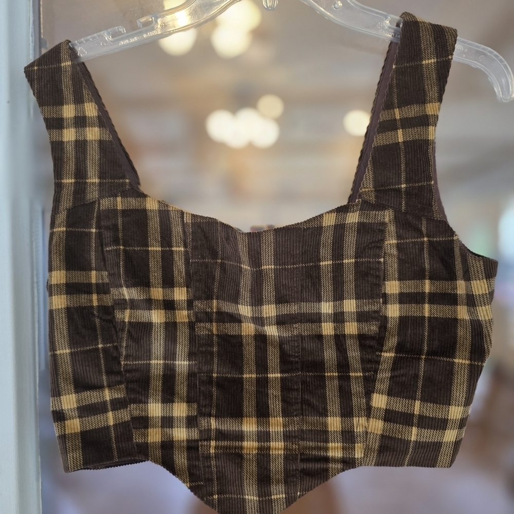 Princess Polly Brown and Yellow Plaid Top CORDUROY Cropped Sz 6